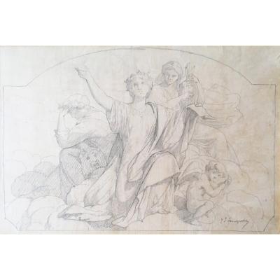 LENEPVEU Jules-Eugène (1819-1898) "Etude préparatoire-Décor" Dessin/Crayon noir, signé, Prouté