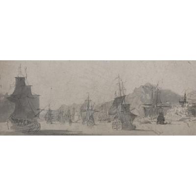 French School Circa 1800 "seascape" Drawing/black Chalk And Gray Wash
