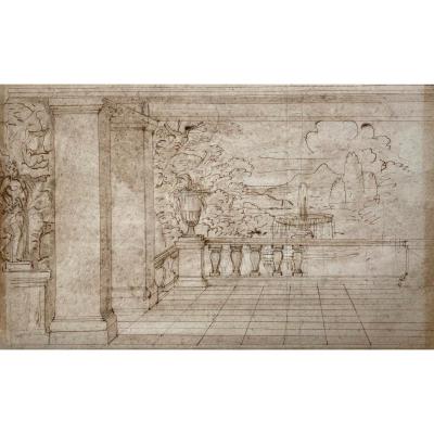 French School 17th "garden Seen From A Terrace" Drawing/pen And Brown Wash