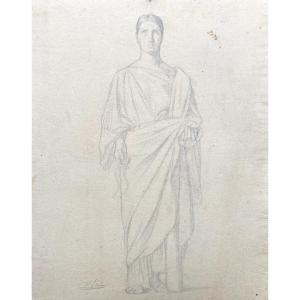 Flandrin Hippolyte (1809-1864) Pupil Of Ingres "woman Wearing A Toga"drawing/black Pencil,stamp