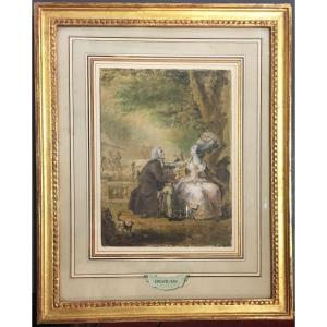 DESRAIS Claude Louis (1746-1816) "Le vieux galant" Dessin/plume,aquarelle, Du Barry,Zamor,Cadre