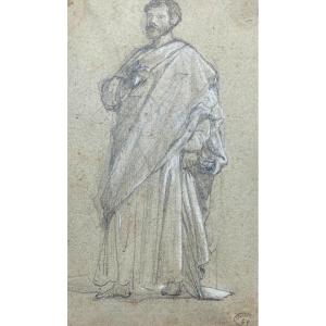 Lazerges Hippolyte (1817-1887) "draped Figure" Drawing/black Pencil, White Chalk, Stamp