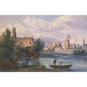 ECOLE FRANCAISE VERS 1820 "Vue de Rimini, Italie" Aquarelle