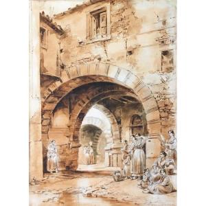 VIANELLI Achille (1803-1894) "Italiennes dans une ruelle" Dessin/Plume,lavis brun, Signé, daté