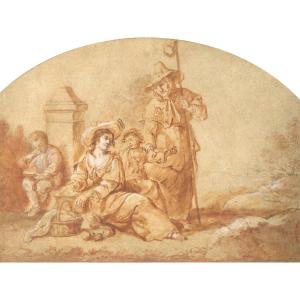 ECOLE FRANCAISE VERS 1700 "La marchande de fruits" Dessin/Crayon sanguine, Cadre 18e,Provenance