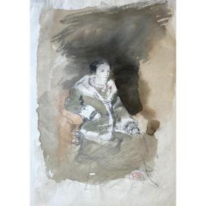 ZIEM Félix (1821-1911) "Femme assise" Dessin/Crayon noir, aquarelle, signé/cachet de l'atelier