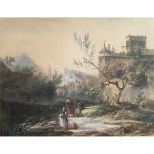 NOEL Alexandre Jean (1752-1843) "Personnages au bord d'une rivière", Gouache