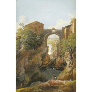 French School 18th Century "landscape Of Italy" Gouache, 19th Frame
