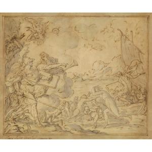 PIATTOLI Giuseppe (1743 - 1823) "Scène mythologique" Dessin à la plume et au lavis gris