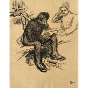 STEINLEN Théophile Alexandre (1859-1923) "Hommes assis lisant" Dessin/Crayon noir, Monogramme