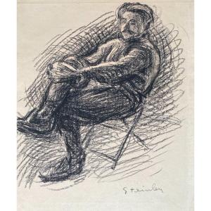 Steinlen Théophile Alexandre (1859-1923) "seated Man" Drawing In Black Pencil, Signed