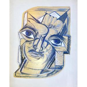Waroquier By Henry (1881-1970) "head" Drawing/ink And Gouache, Signed, Monogrammed And Dated