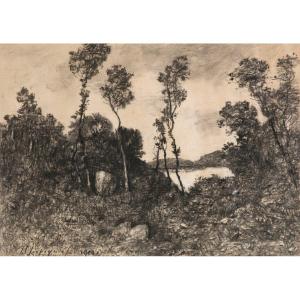 HARPIGNIES Henri (1819-1916) "Paysage Le Cap Martin" Dessin/Crayon noir et craie blanche, Signé