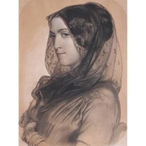 Felon Joseph (1818-1896) "portrait Of A Woman" Drawing In Black Pencil And Pastel, Signed