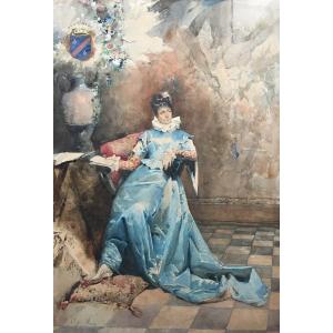 Simoni Scipionesimoni Scipione (1853-1918) "a Countess" Watercolor, Signed, Located