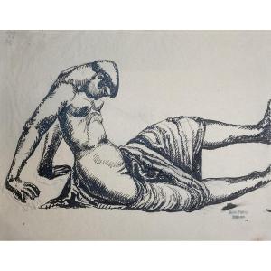 MALFRAY Charles (1887-1940) Sculpteur "Femme nue" Dessin à l'encre de Chine, Cachet/Atelier