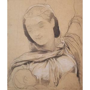 BARRIAS Félix (1822-1907) "Femme et enfant" Dessin au crayon noir et craie blanche, Cachet