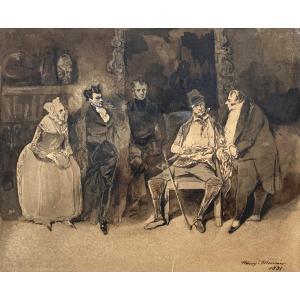 Monnier Henry (1799-1877) "the Family" Drawing In Pen And Ink Wash, Signed And Dated