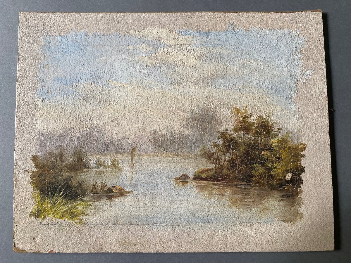 Huile Sur Carton - Lac - 19e Siècle 