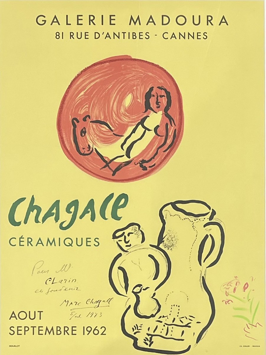 Marc Chagall - Lithographed Poster, 1962 - Dedication Accompanied By A Drawing Dated 1973-photo-2