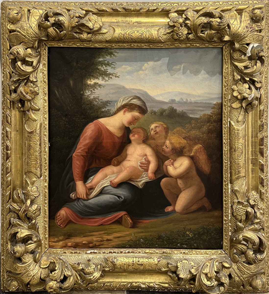 19th Century Italian School, Renaissance Style - Virgin And Child Surrounded By Two Putti
