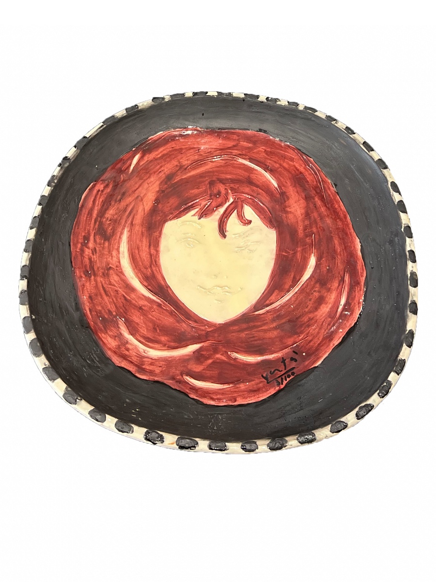 Marcel VERTÈS - Tête de femme - Plat en céramique, bordure rayée - circa1950