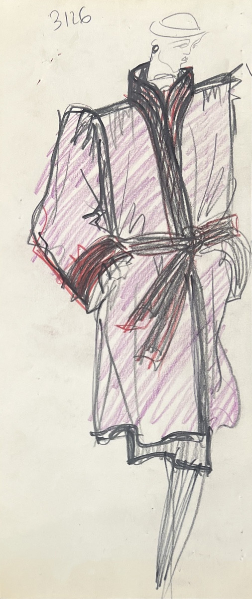 Yves Saint Laurent - Croquis d’un manteau - Mine de Plomb & crayons couleurs - 1990