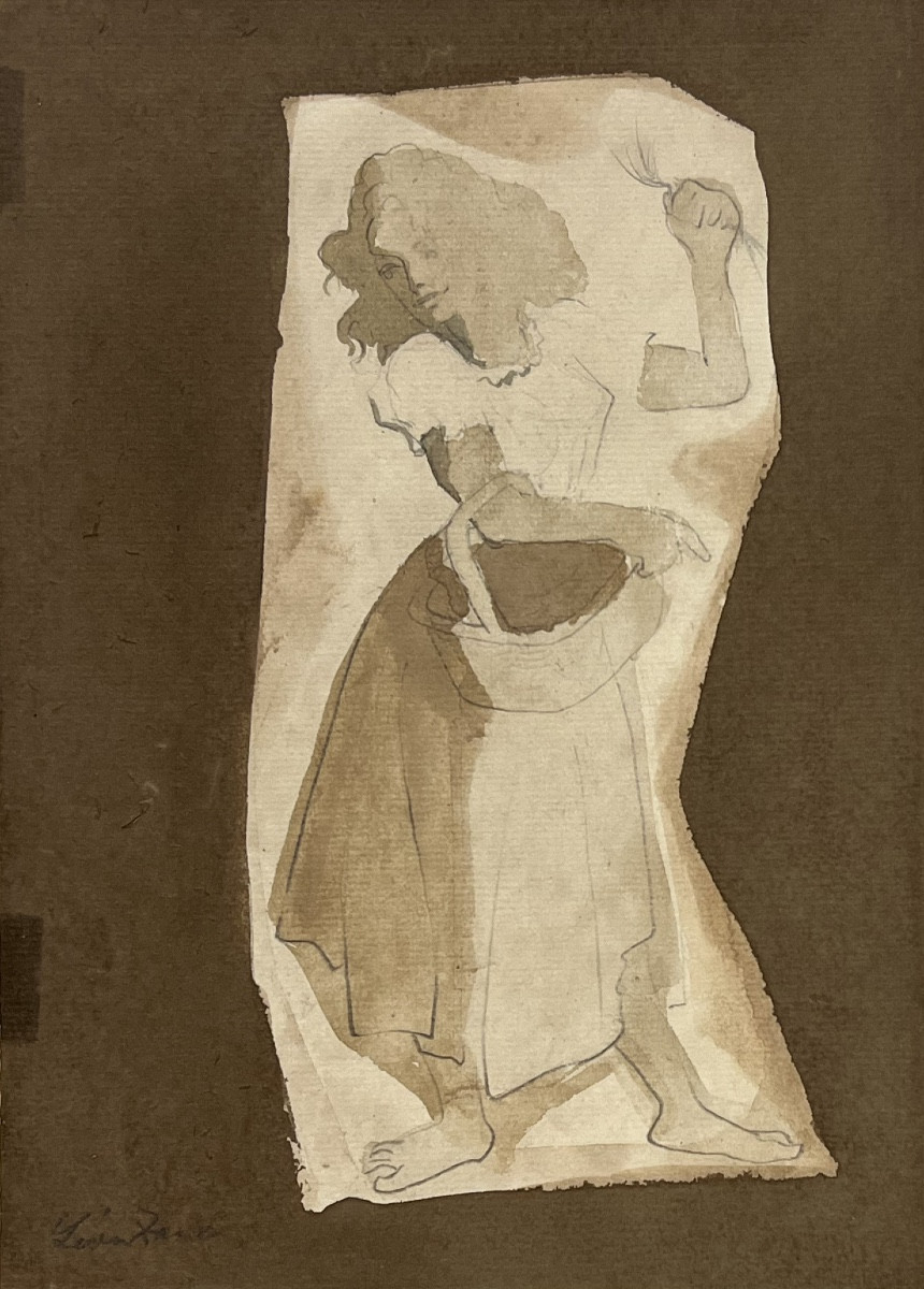 Léon Zack - Personnage féminin - Lavis aquarelle et mine de plomb 