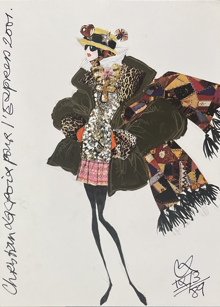 Christian Lacroix - Dessin de silhouette - Gouache et collage - 1989