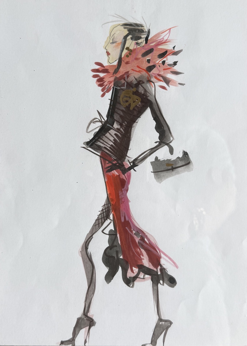 Christian Lacroix - Dessin original de silhouette - Gouache et posca 