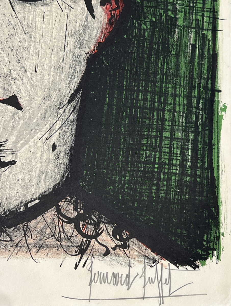 Bernard Buffet - Clown On A Green Background - Lithograph On Arches Paper - Circa 1960-photo-2