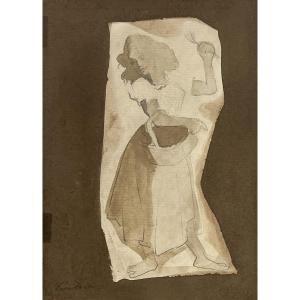 Léon Zack - Personnage féminin - Lavis aquarelle et mine de plomb 