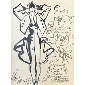 Antonio Lopez - Dessin de mode original - Encre et posca - 1987