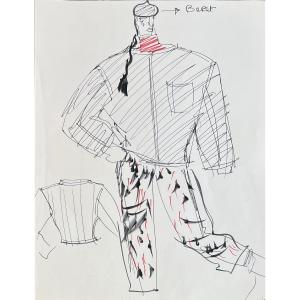Jean-paul Gaultier - Sketch Of A Men's Outfit With A Beret - Fashion Illustration - Ink And Black Marker