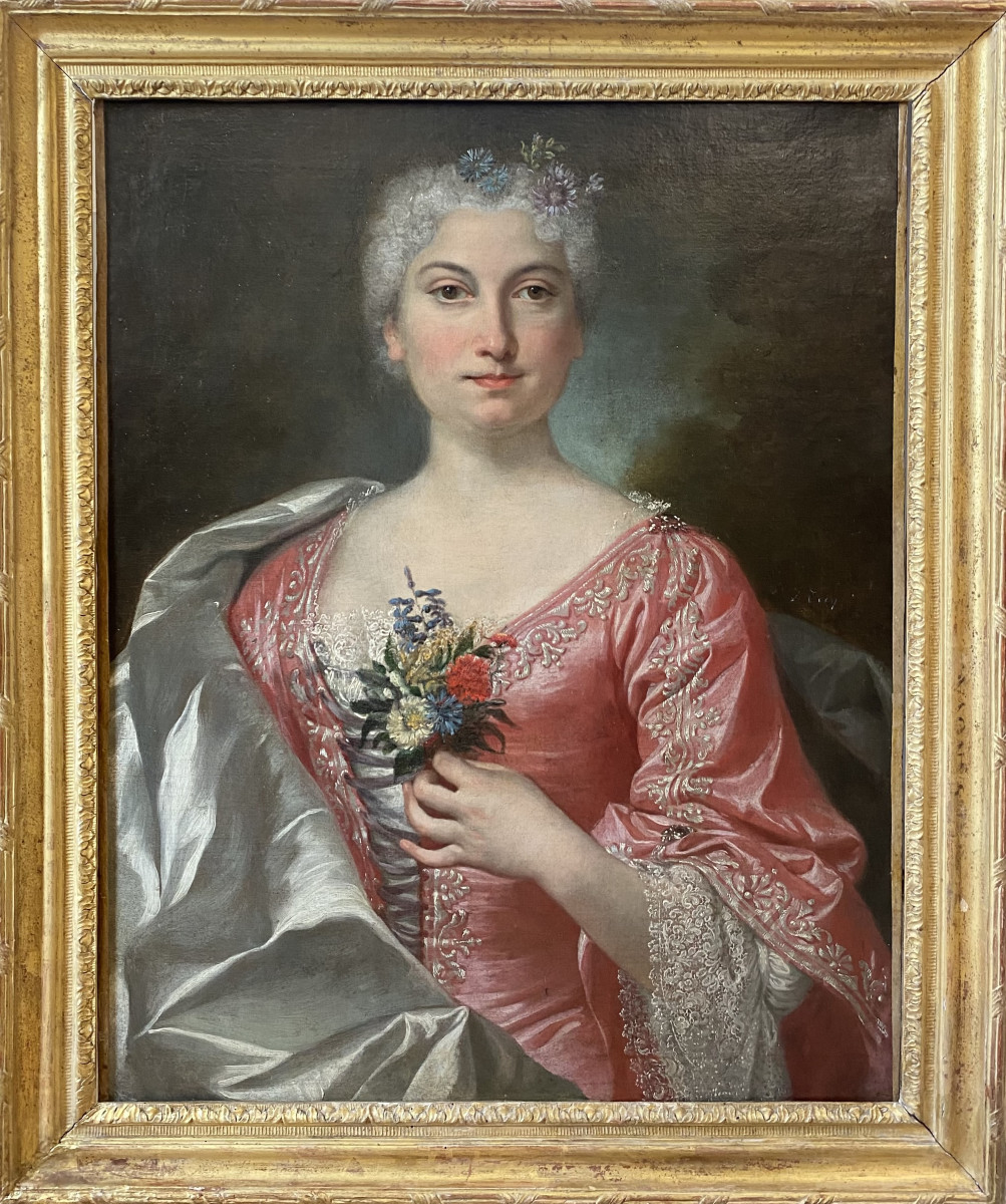 Louis Tocqué (1696-1772)- Attributed- Portrait Of A Lady With A Bouquet Of Carnations