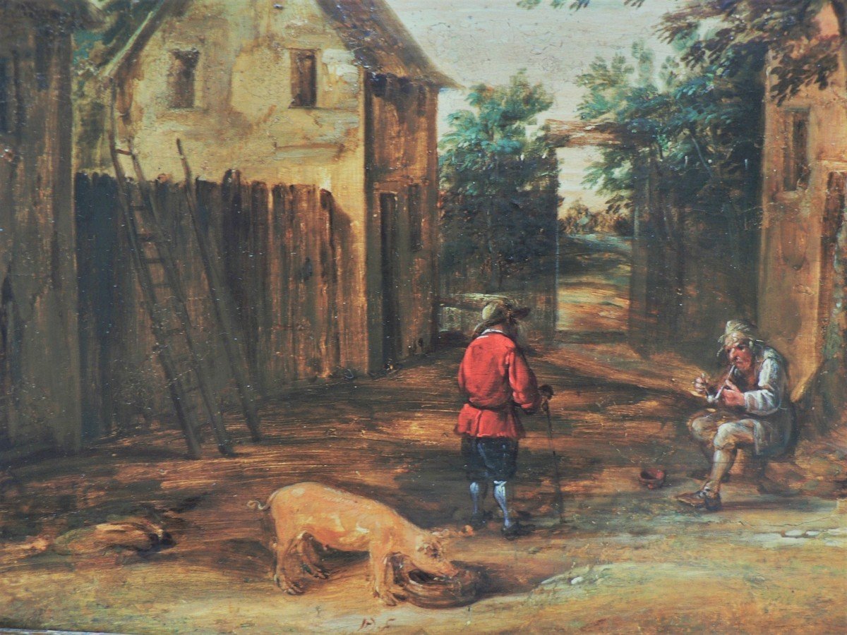 David II Teniers (1610-1690) (attribué à) - Scène Villageoise Avec Un Cochon-photo-3