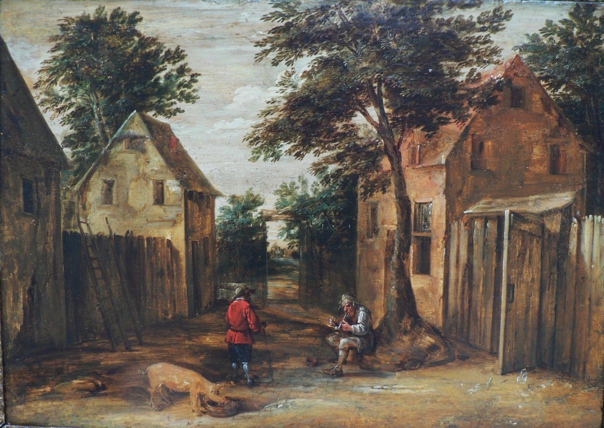 David II Teniers (1610-1690) (attribué à) - Scène Villageoise Avec Un Cochon