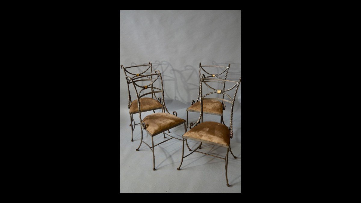 Series Of 4 Stylized Italian Wrought Iron Chairs 70s