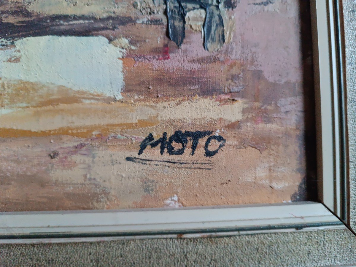 Huile Sur Toile De l'artiste Moto Fin Du 20 ème -photo-3