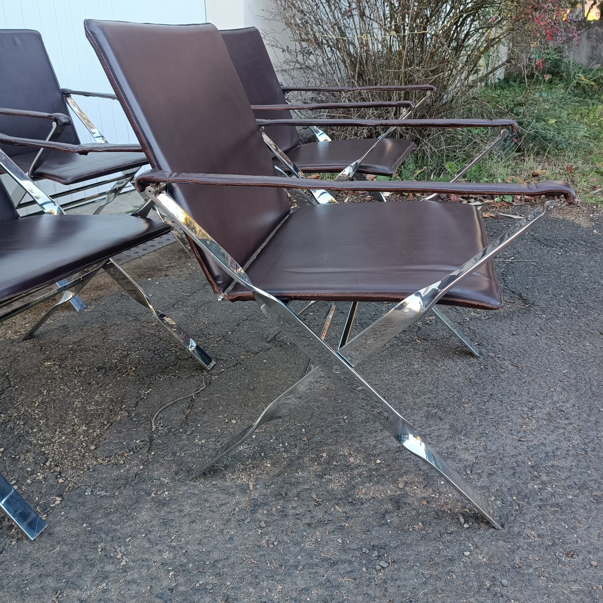 4 Antonio Citterio Folding Armchairs In Leather And Chrome -photo-2