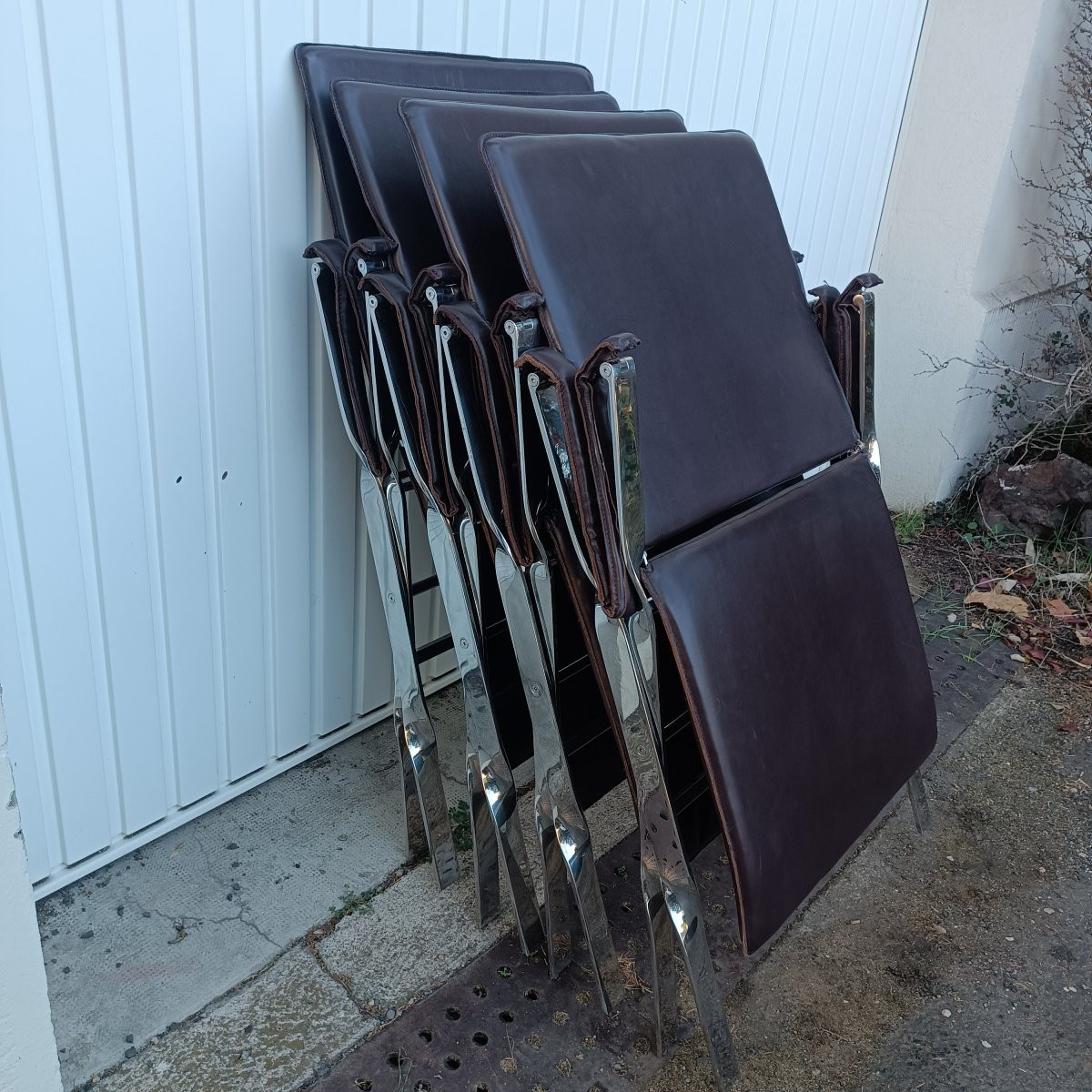 4 Antonio Citterio Folding Armchairs In Leather And Chrome -photo-3