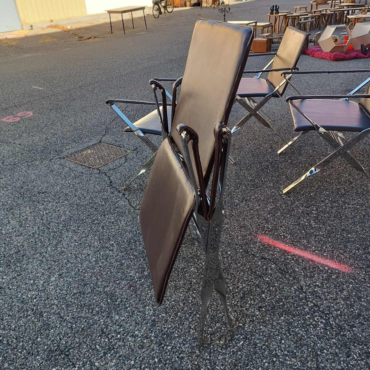 4 Antonio Citterio Folding Armchairs In Leather And Chrome -photo-4