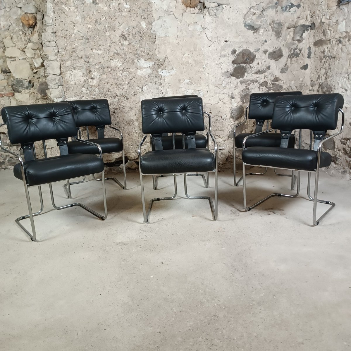 6 Tucroma Chairs By Guido Faleschini, Black Leather -photo-2