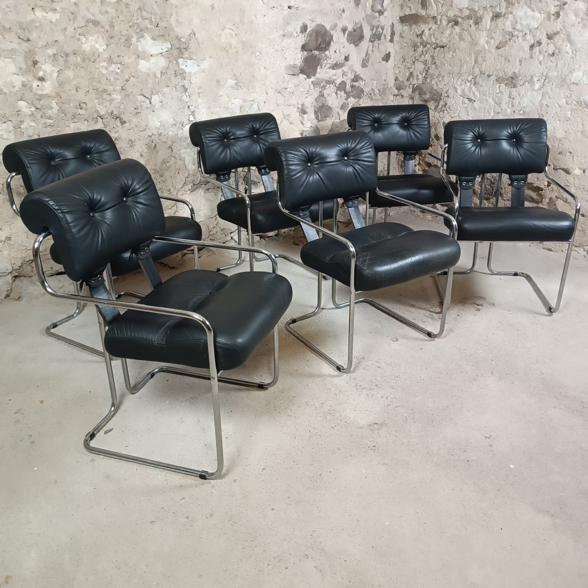6 Tucroma Chairs By Guido Faleschini, Black Leather 