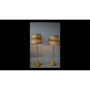 Pair Of Italian Floor Lamps In Golden Bronze And Brass