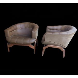 "croissant" Armchairs By Ico Parisi In Leather, Nubuck And Rosewood