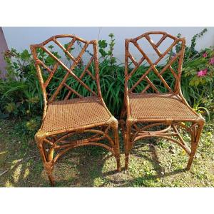 Pair Of Bamboo And Woven Wicker Chairs 70'