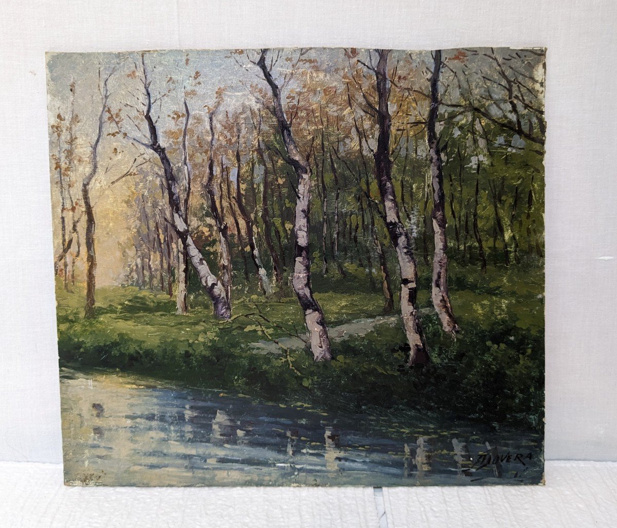 Achille Dovera 1838 -1895. Paysage Aux Bouleaux , Italien-photo-1