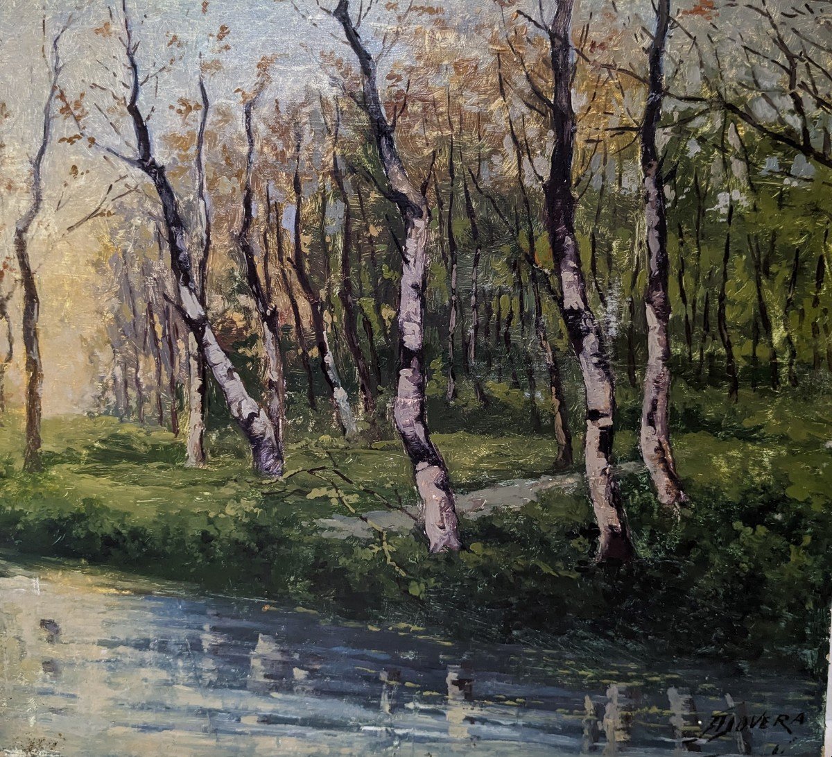 Achille Dovera 1838 -1895. Paysage Aux Bouleaux , Italien