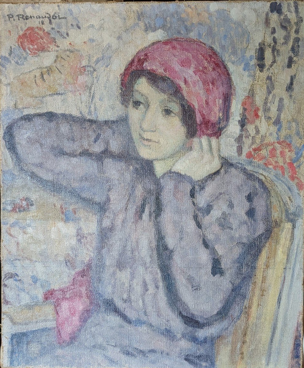 Paul Renaudot (1871-1920) Impressionist, Young Girl With A Pink Scarf-photo-2